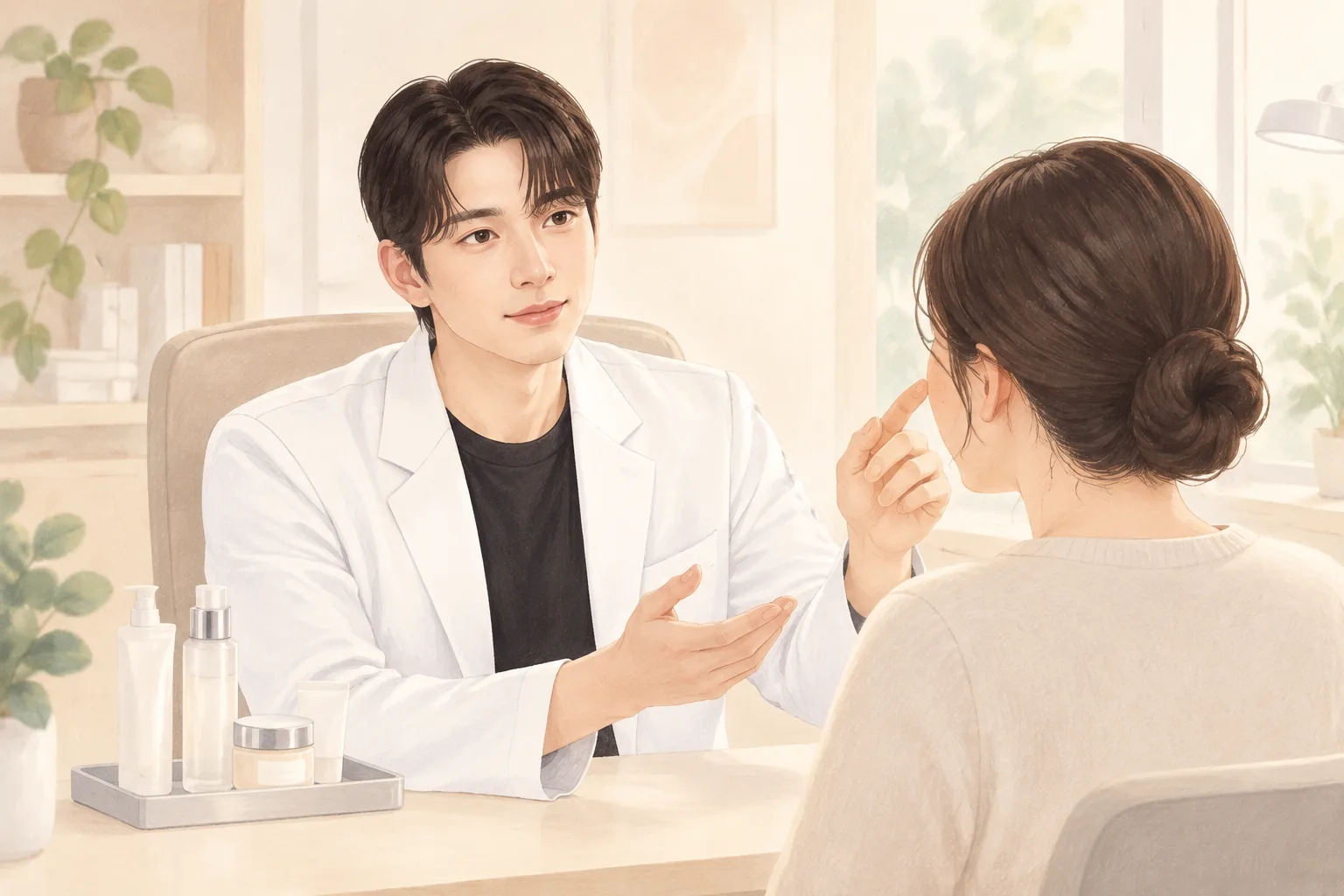 진료실에서 환자의 볼을 가리키며 설명하는 남자 의사와 환자