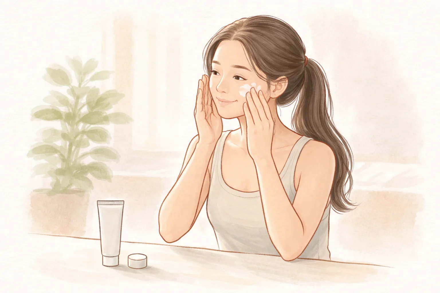 綁髮女性用指腹在臉上塗抹乳霜