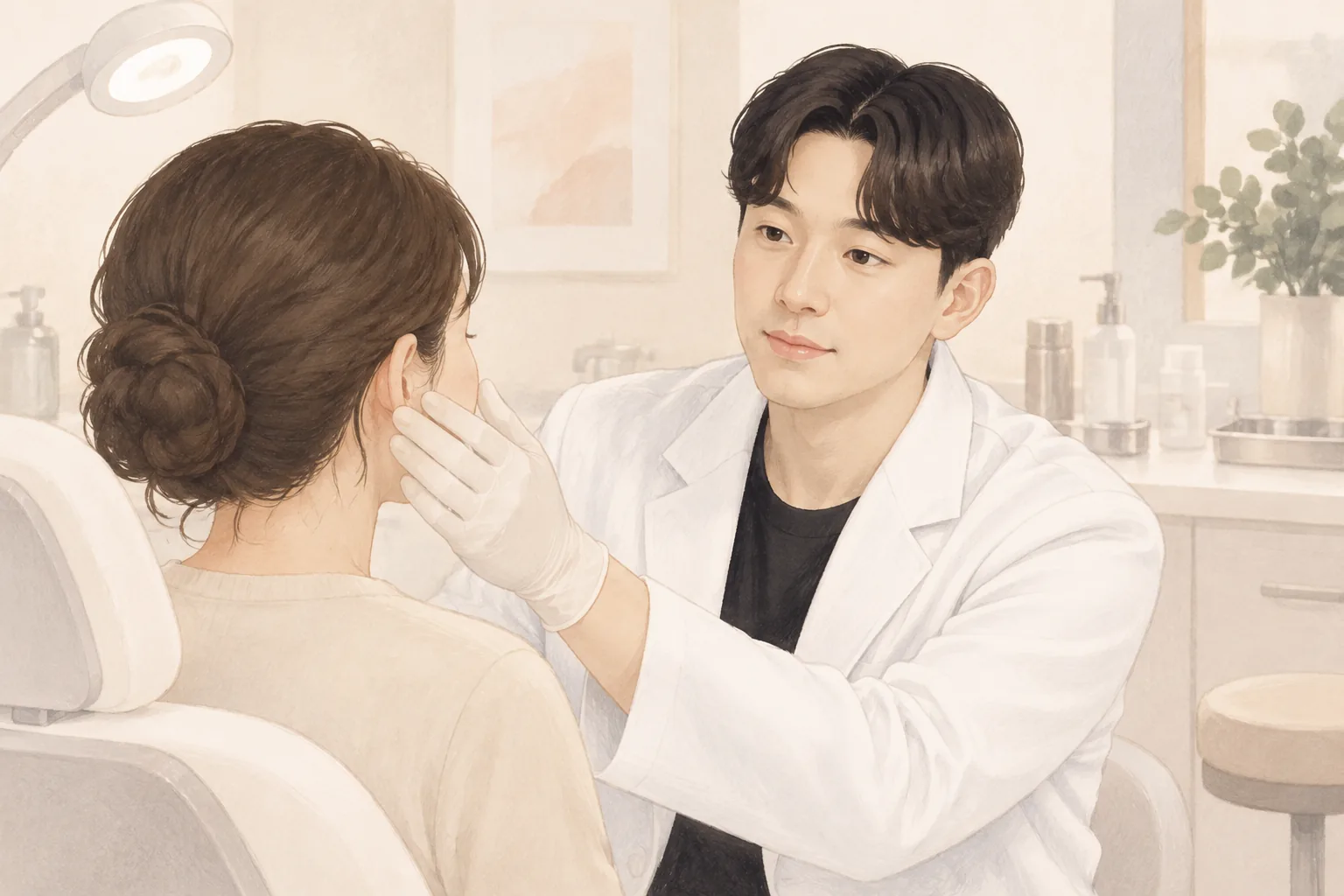 장갑 낀 남성이 여성의 얼굴을 살피며 상담하는 모습