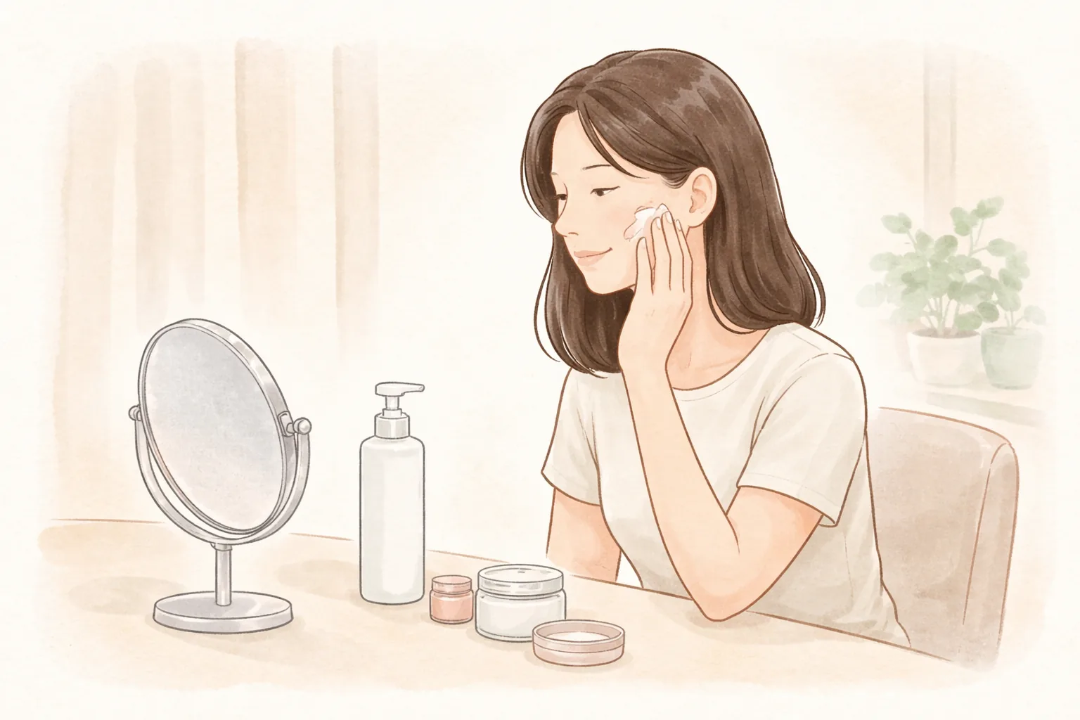 女性が机の前の鏡を見ながら頬に保湿剤を塗っている