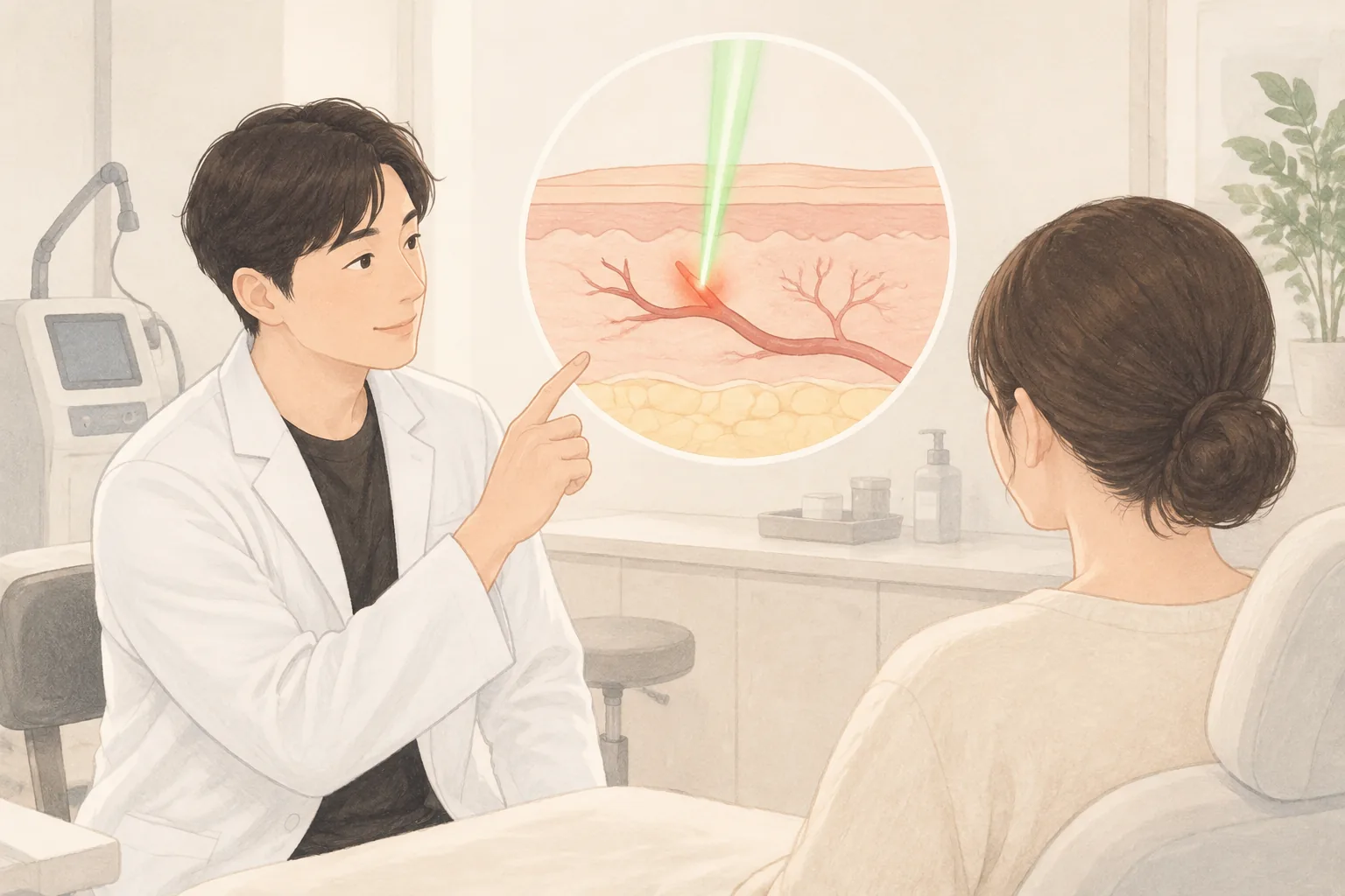 의사가 환자에게 레이저가 피부 혈관에 작용하는 과정을 설명하는 장면