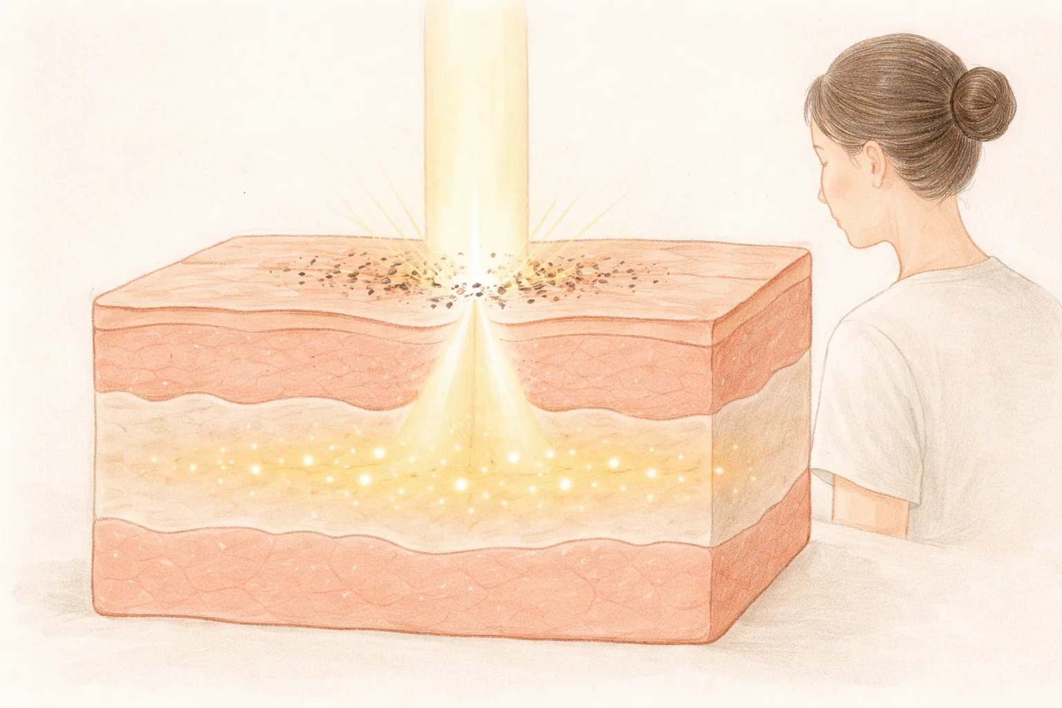 Woman with her hair tied back and a cross-section of skin showing light entering and heat and pigment particles spreading