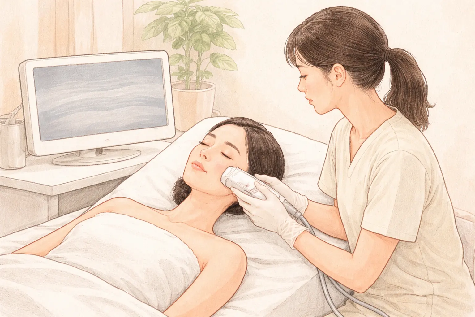 医护人员将超声设备探头放在躺着的女性脸颊上并查看屏幕