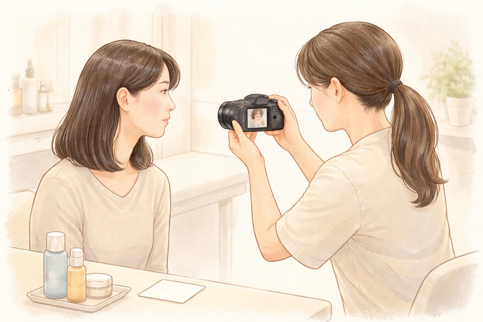 한 명의 의료진이 여성의 볼을 카메라로 촬영하는 모습