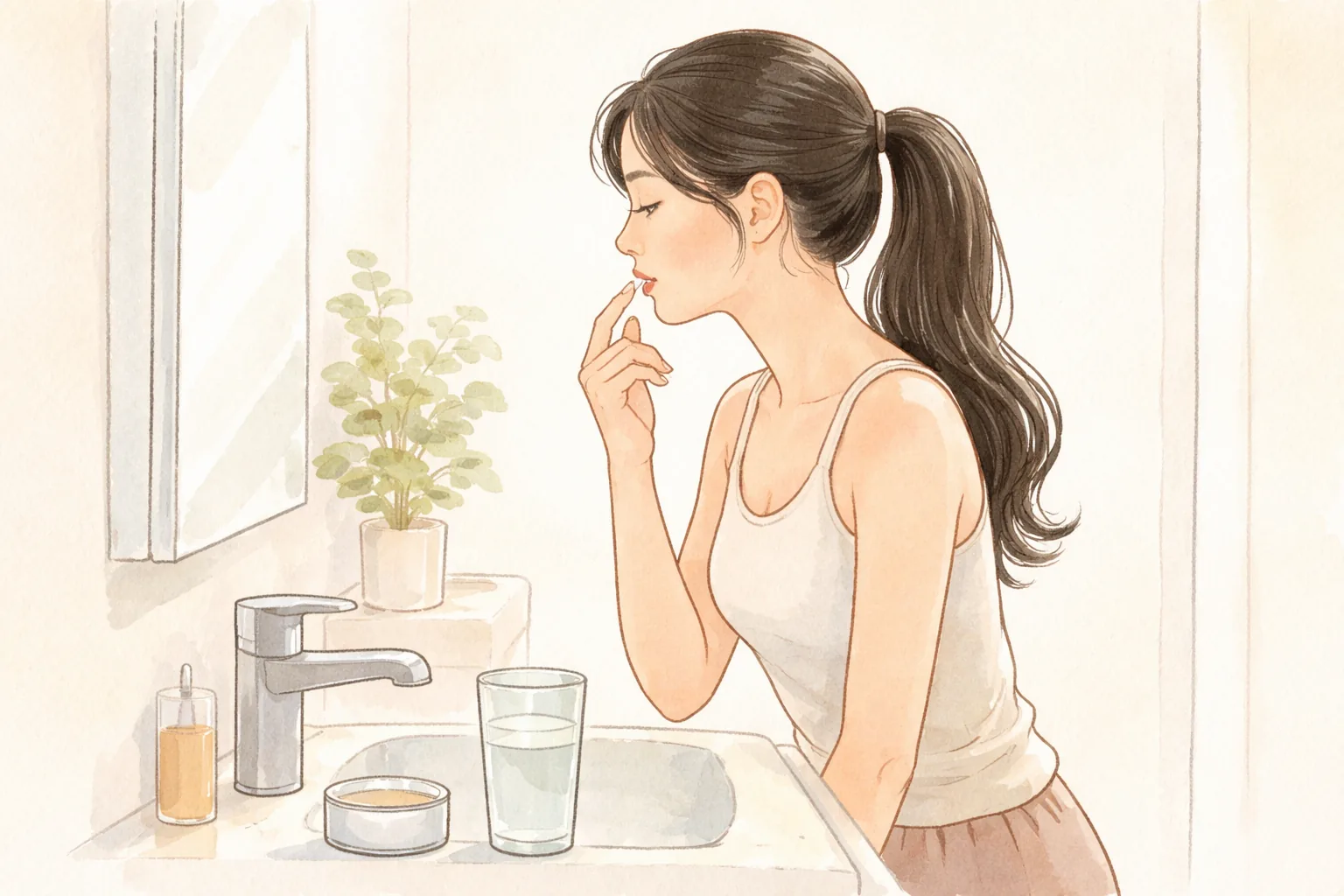 長髮女性在洗手台前用指腹塗抹護唇產品