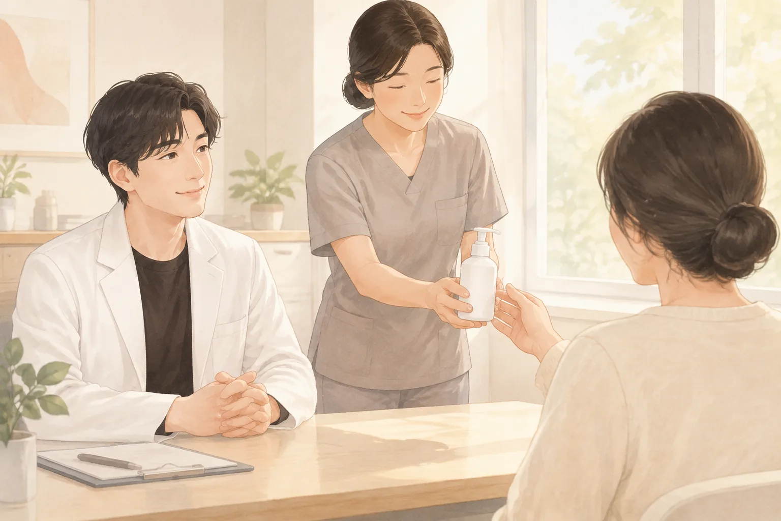 身穿医生服的男性和灰色制服的员工把瓶子递给桌对面的女性