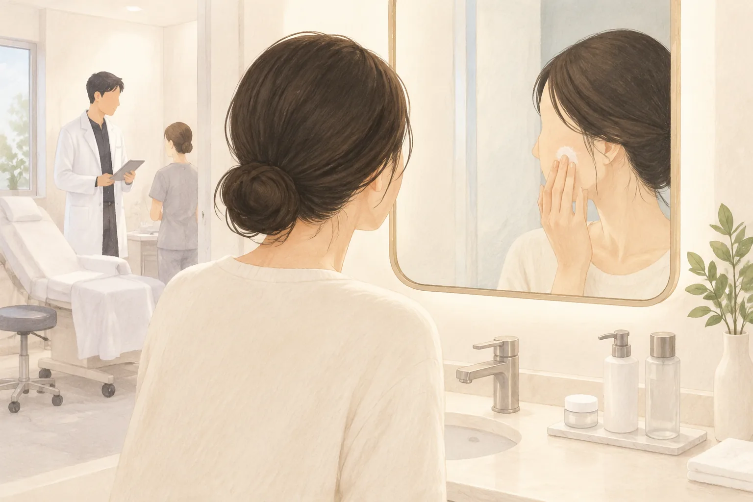 병원에서 거울 앞에 서서 볼에 보습제 바르는 여성과 대화하는 의료진 두 명