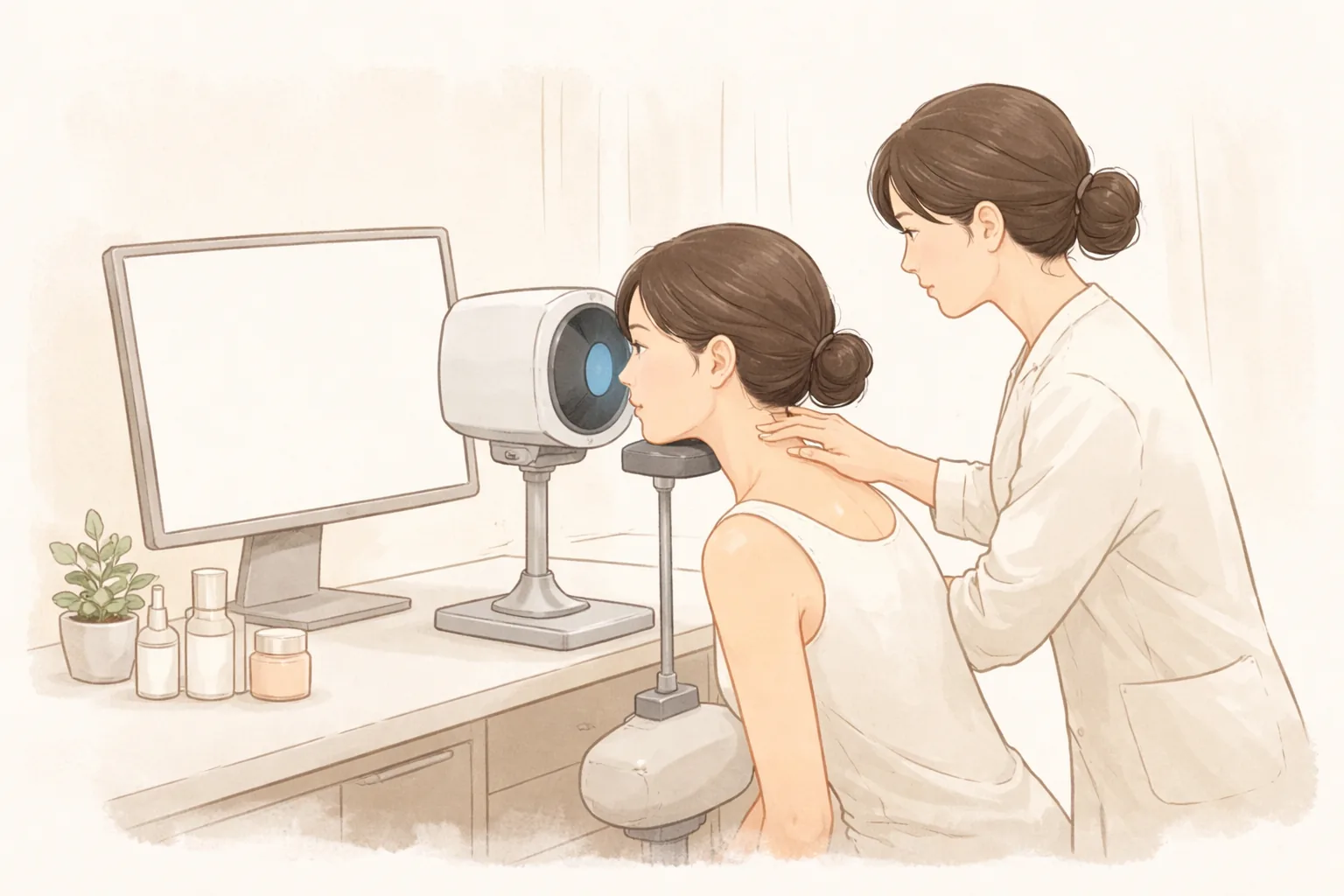 皮膚分析カメラで頬を撮影する女性と、隣で案内する医療スタッフ