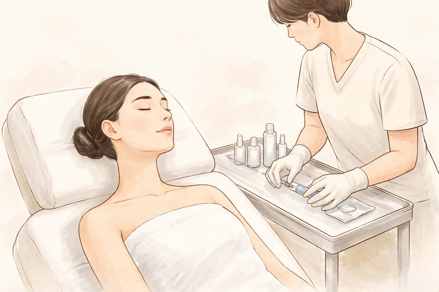 Wanita berbaring di bed dan tenaga medis bersarung tangan menyiapkan suntikan