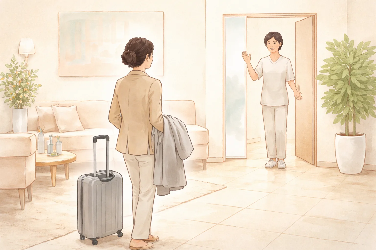 밝은 병원 로비에서 캐리어 옆에 서 있는 여성과 문가에서 손 흔드는 의료진