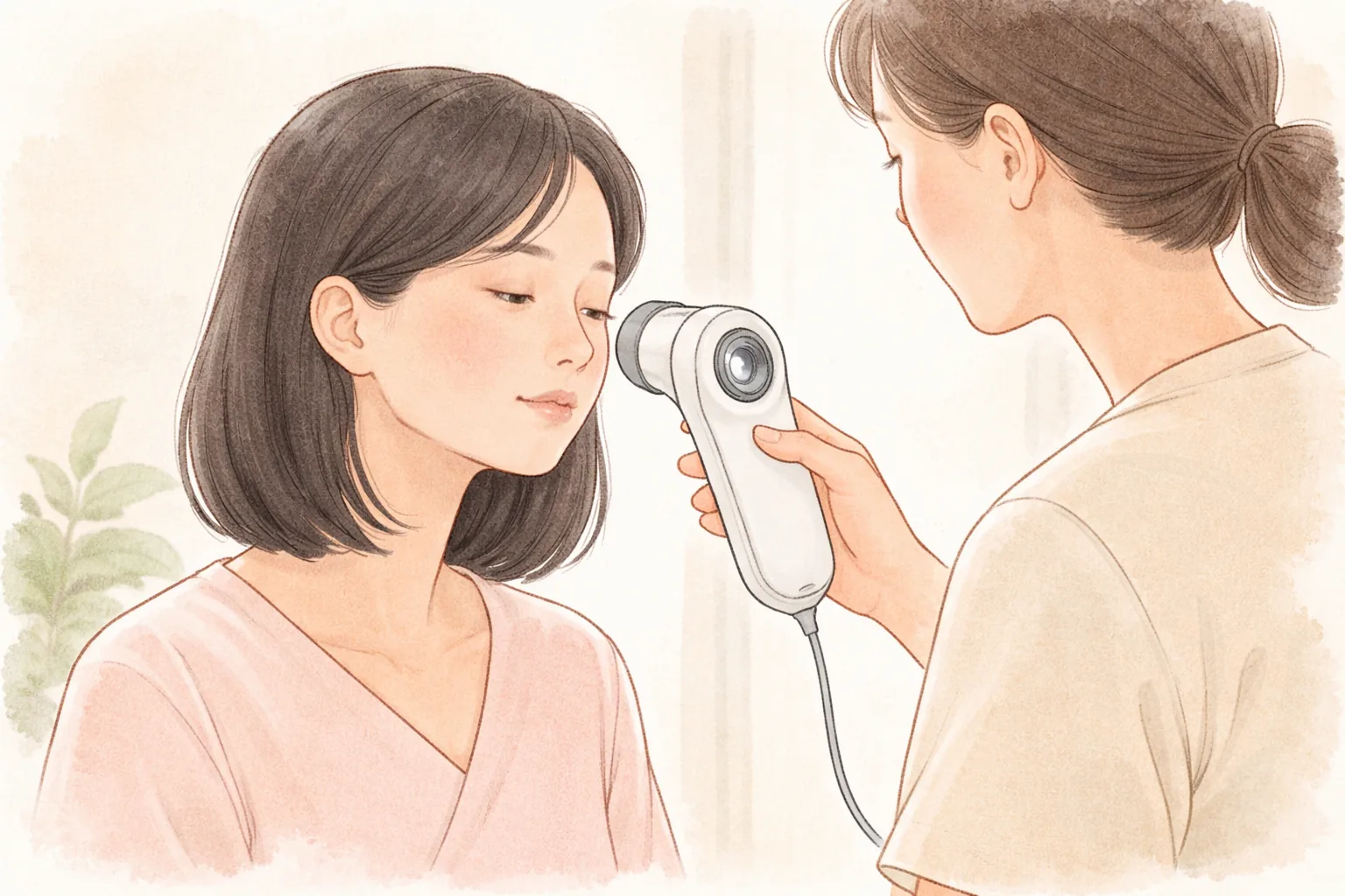 皮膚分析用カメラを持って女性の横顔を撮影する医療スタッフ