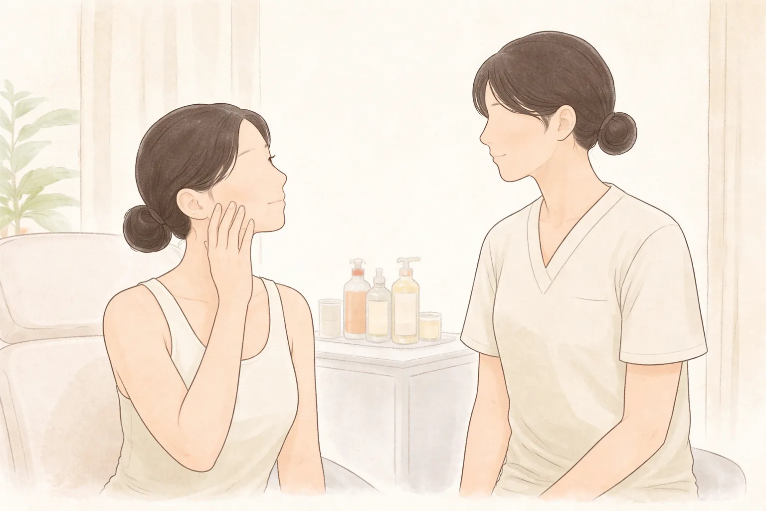 손끝으로 볼을 만지며 앉아 있는 여성과 옆에서 바라보는 의료진