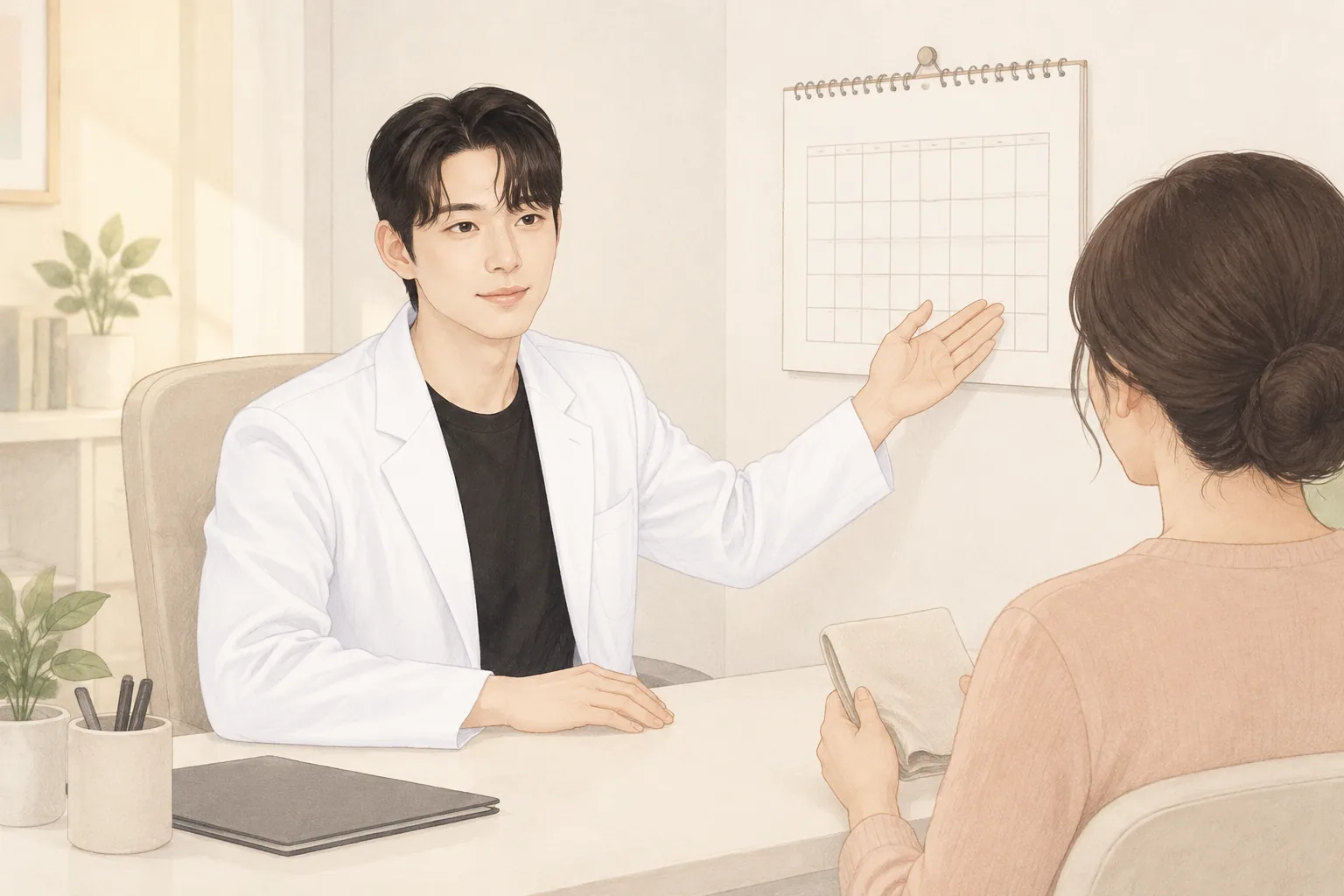 흰 가운을 입은 남자가 벽에 걸린 달력을 가리키며 여성 환자와 상담하는 모습