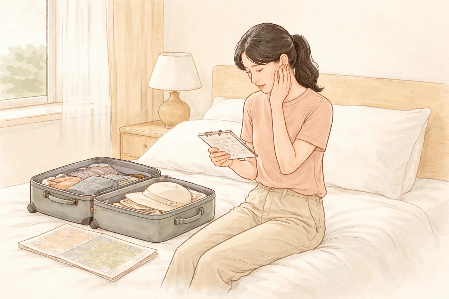 호텔 침대에 앉아 수첩을 보고 있는 여성과 옆에 놓인 캐리어와 지도