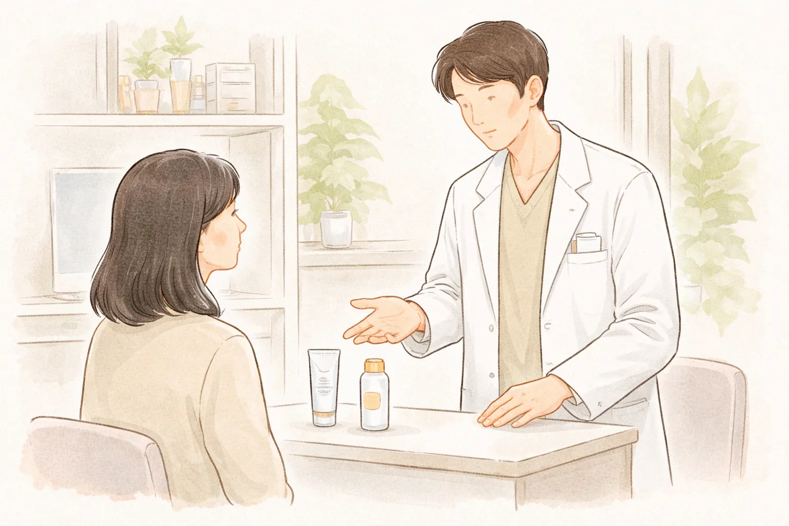 Médico explicando productos de cuidado de piel y mujer escuchándolo