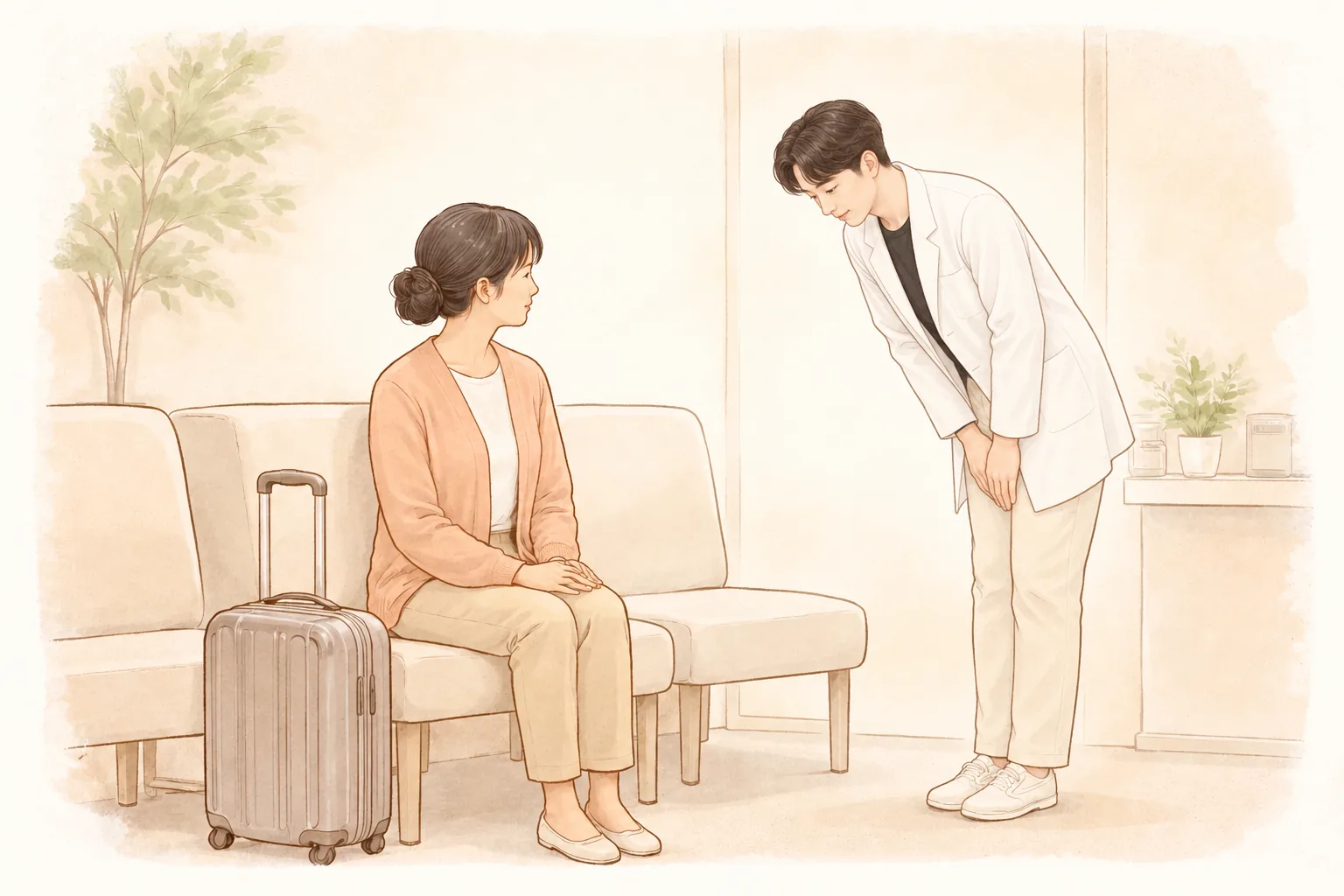 A woman sitting beside a small suitcase and a doctor greeting her