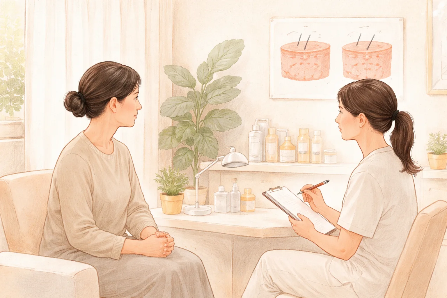 Dos mujeres sentadas una frente a otra conversando en una sala de consulta luminosa