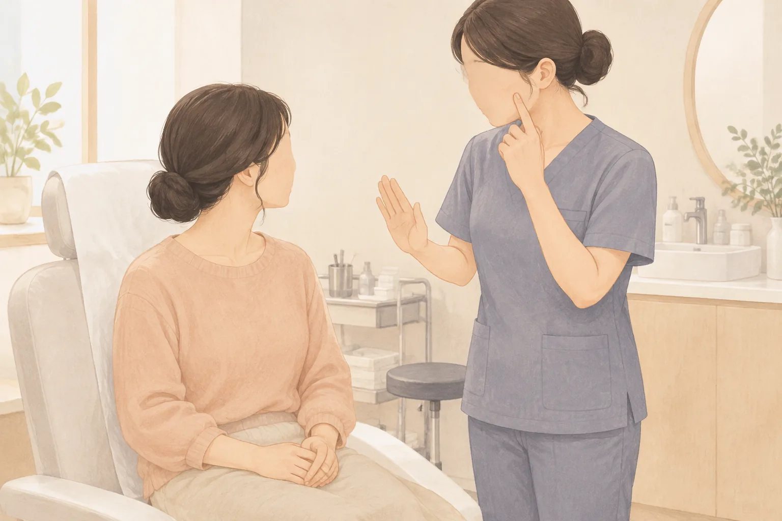 A patient sits on a chair in a clinic with both hands on their knees while a nurse points to their cheek