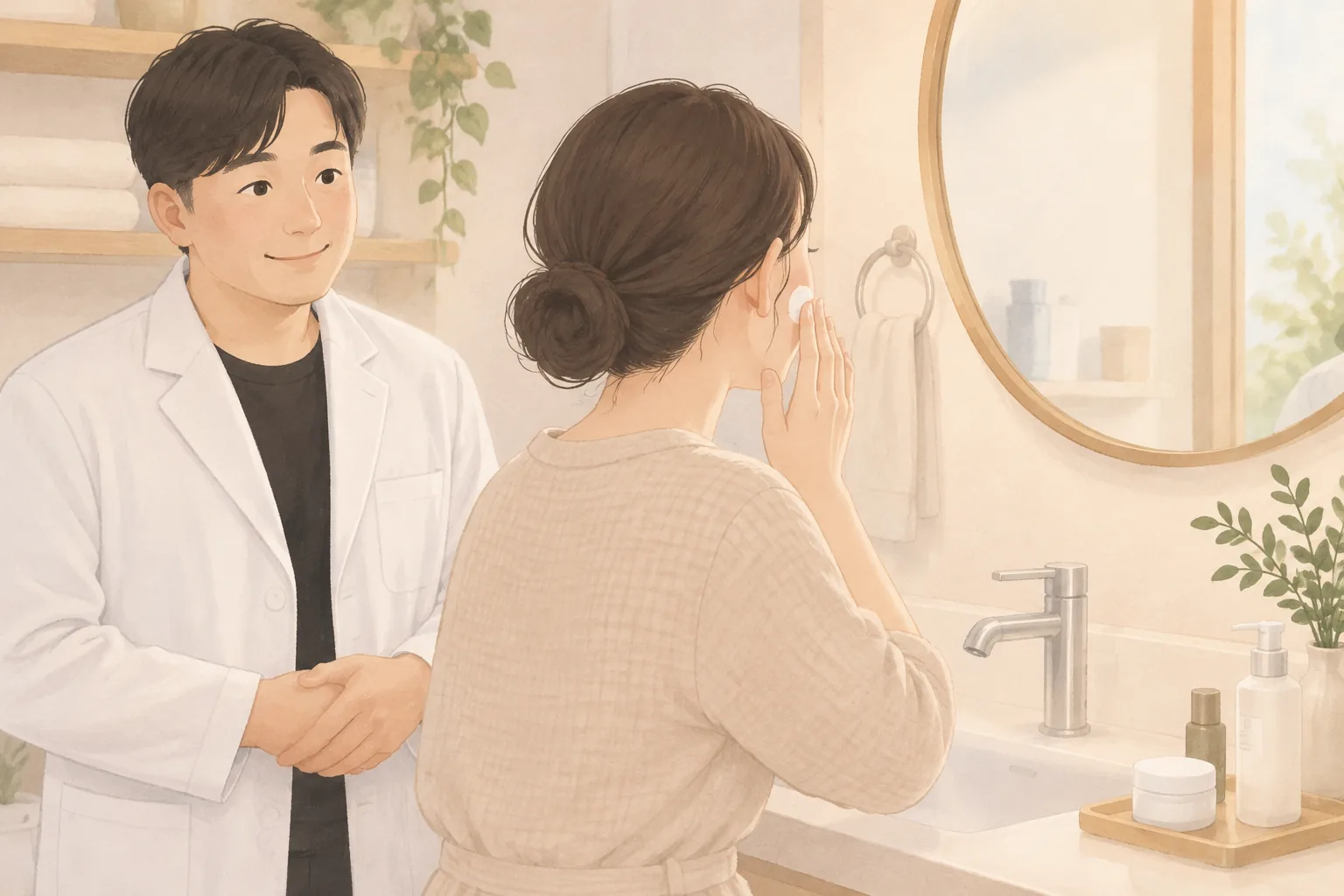 洗手台前女子照鏡子塗抹臉頰保濕品，男子在旁觀看