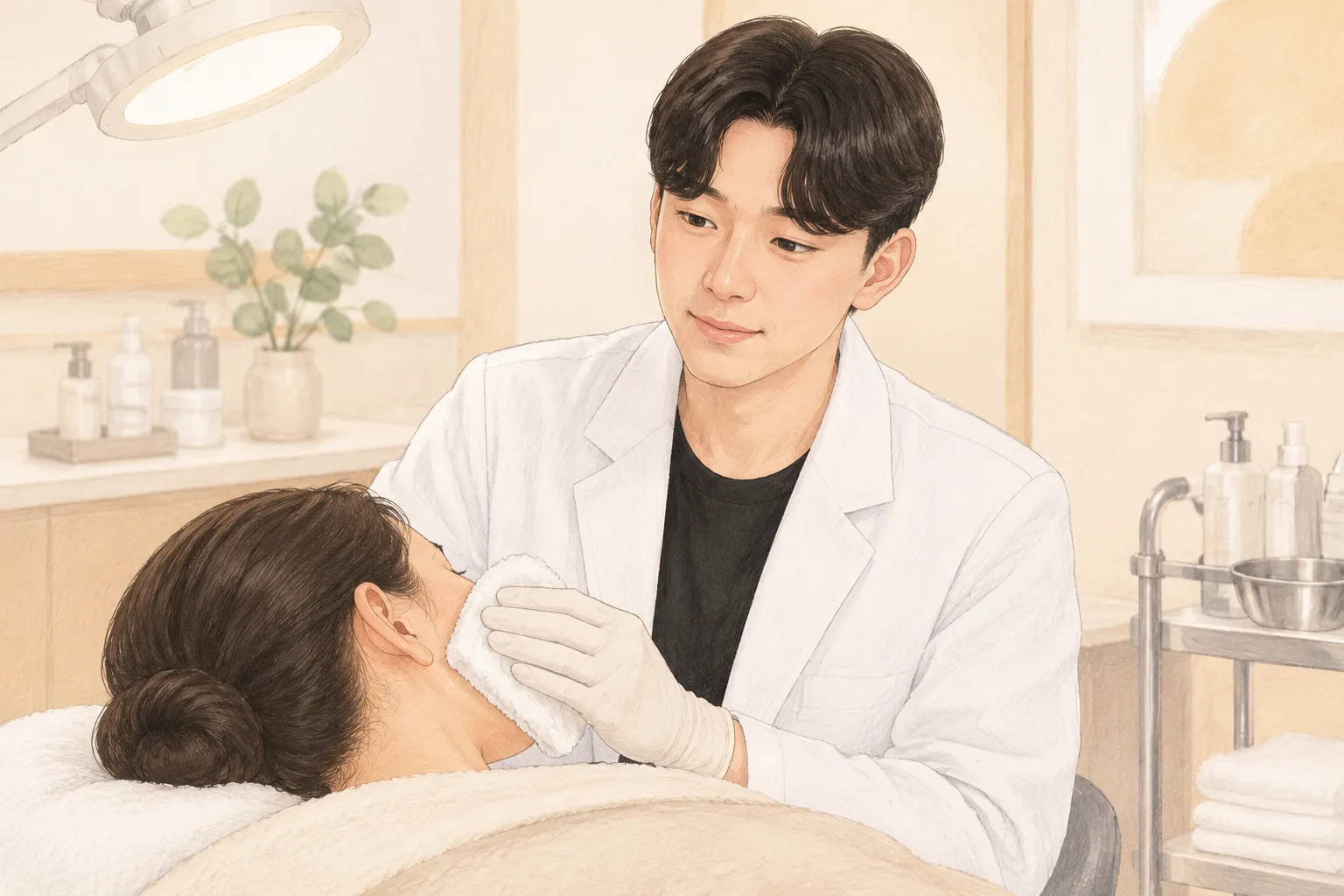 장갑을 낀 남성이 수건으로 눕혀 있는 여성의 볼을 닦음