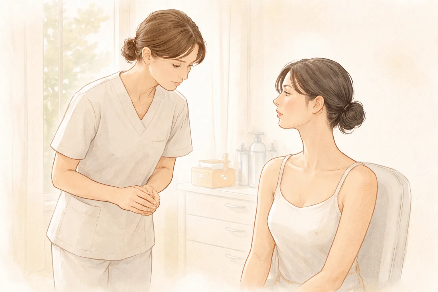 Personal médico examinando los labios de una mujer sentada