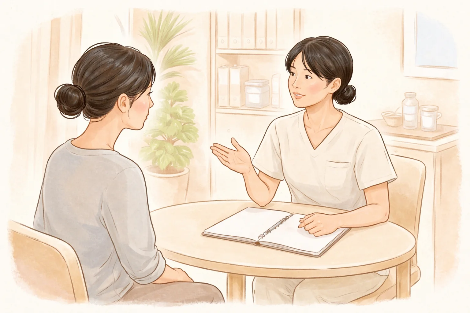 의료진과 상담실에서 둥근 탁자에 앉아 대화하는 두 여성