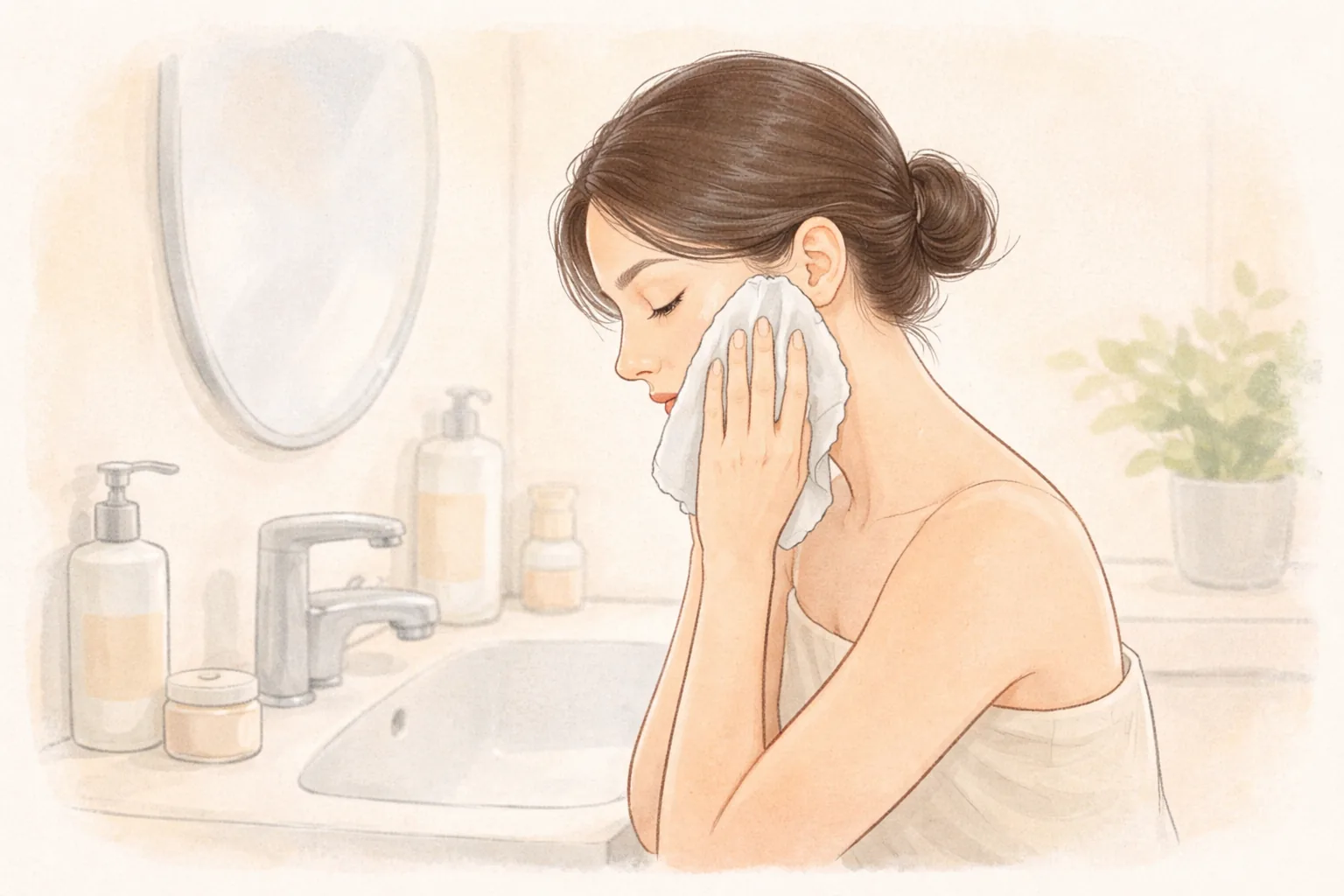 Woman wiping her cheek with a towel in front of a bathroom sink