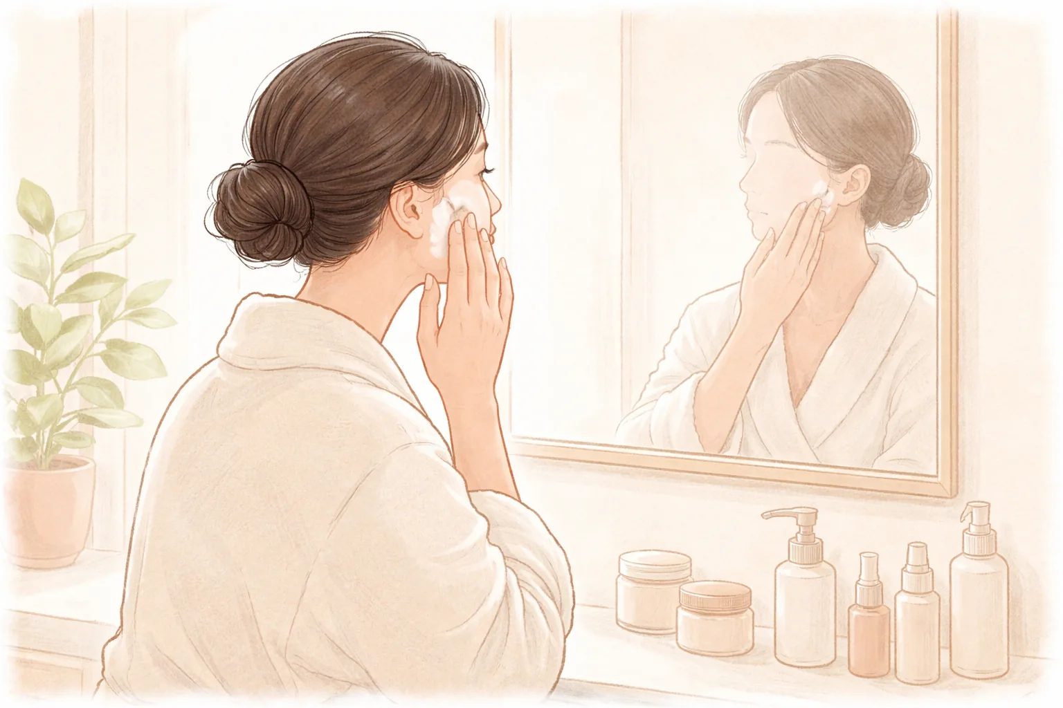 鏡の前で手で頬にクリームを塗る長い髪の女性