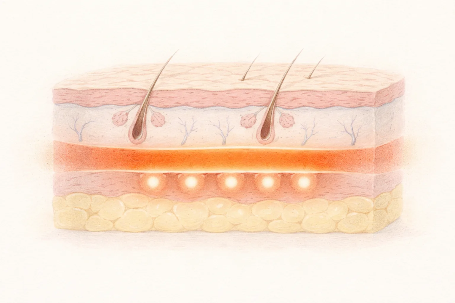 Cross-section of dermis and fat layer showing heated zones and thermal points