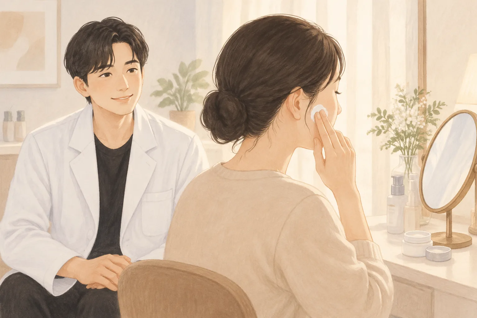 흰 가운을 입은 남성이 여성의 보습제 바르는 모습을 바라보고 있음