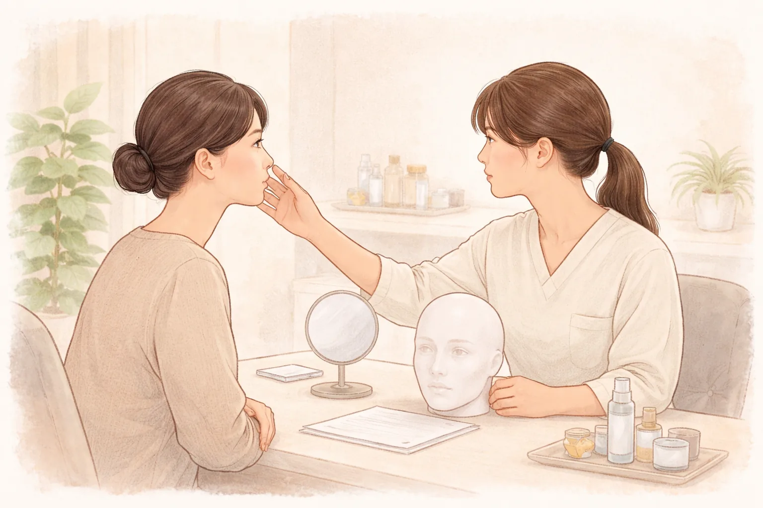 Clinician and woman in a consultation room, the clinician pointing toward the woman's cheek