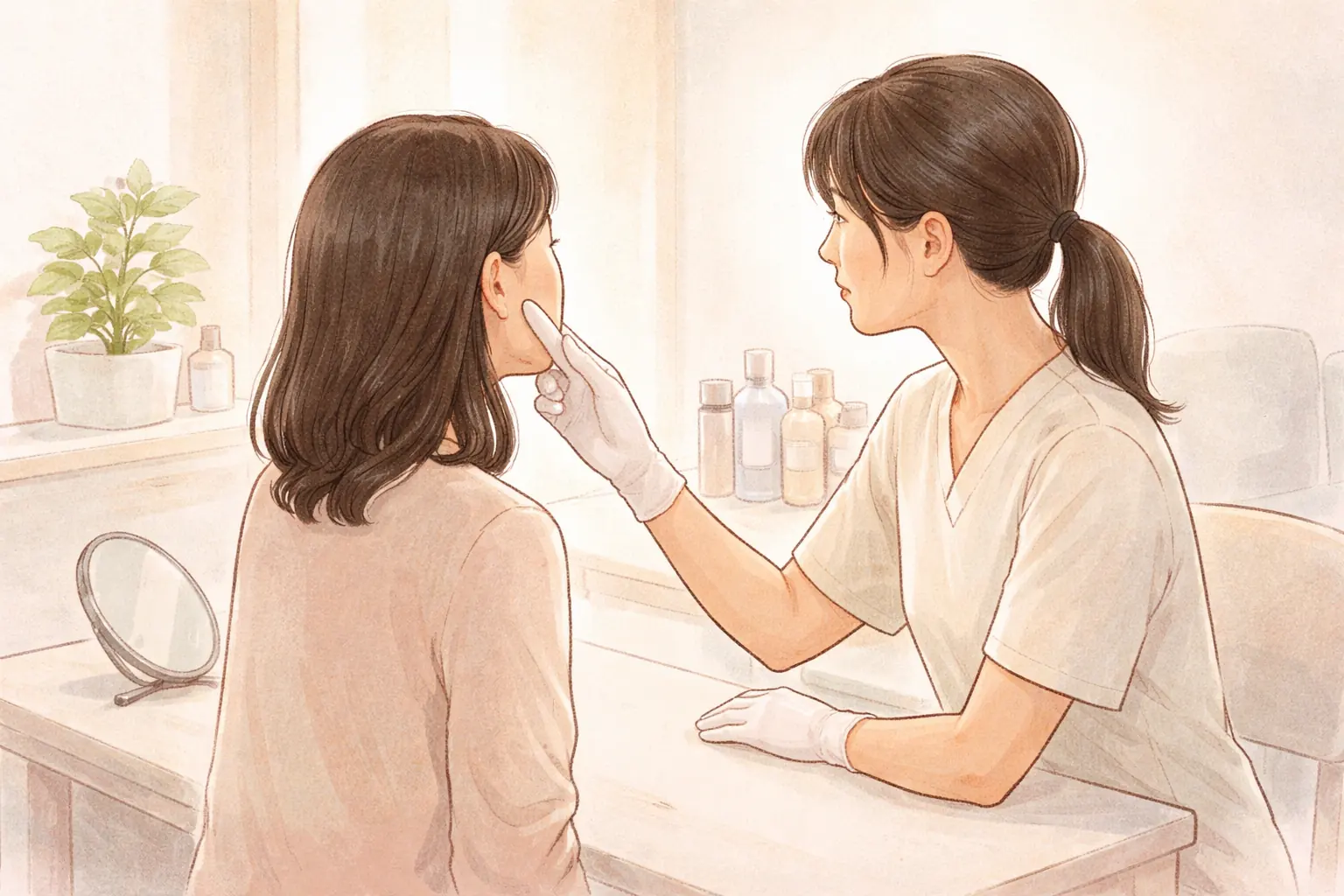 의료진이 장갑 낀 손으로 여성의 볼을 살짝 만지는 모습