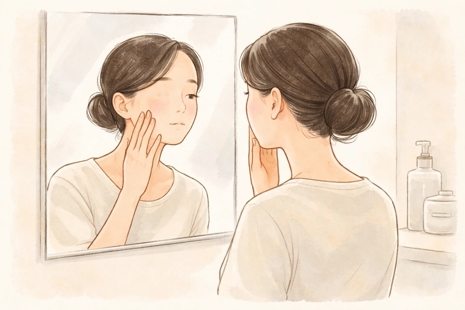 거울 앞에서 손끝으로 볼을 만져보는 여성과 거울에 비친 얼굴