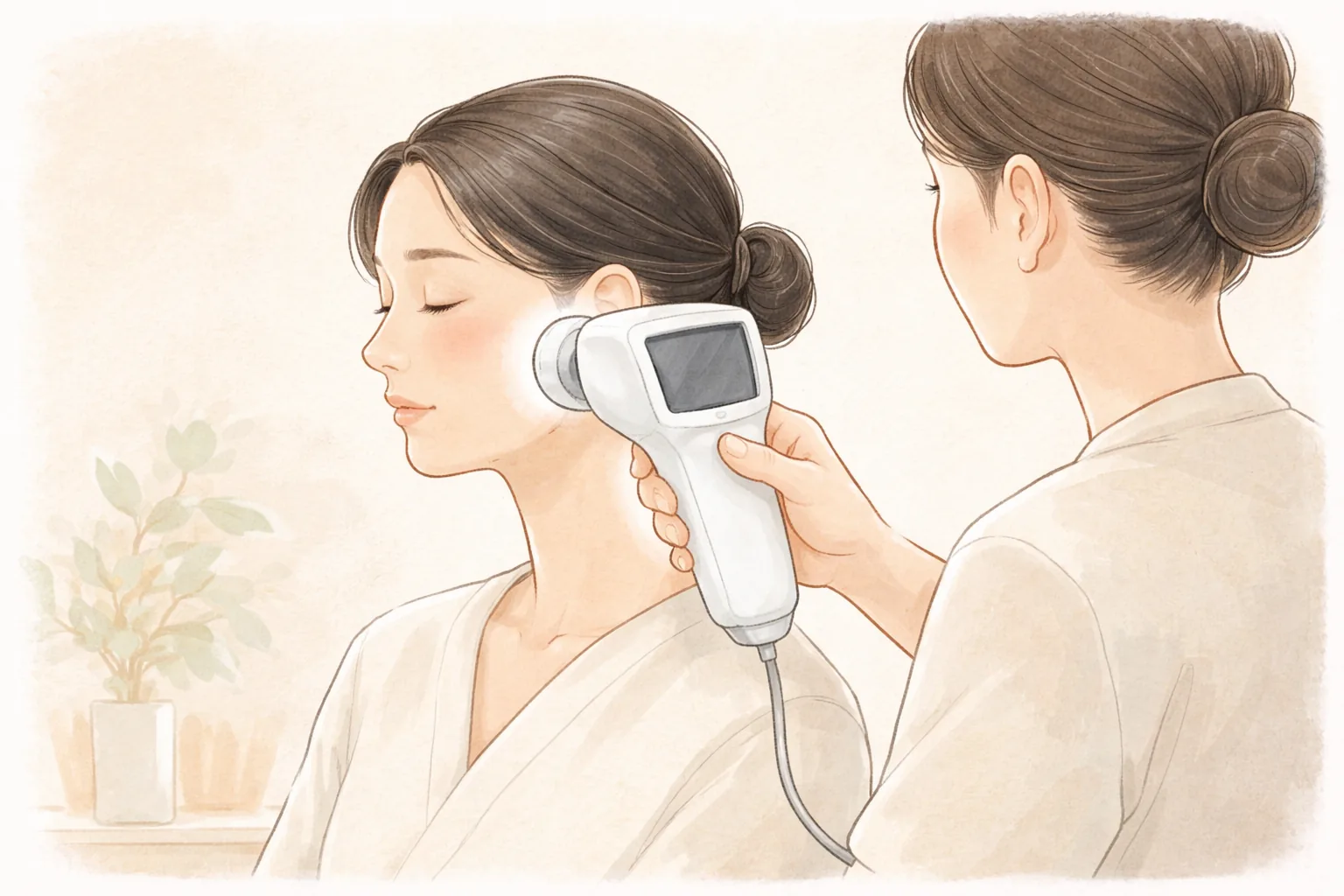 머리를 묶은 여성이 앉아 있고, 의료진이 피부 분석 카메라를 여성의 볼에 대고 있음