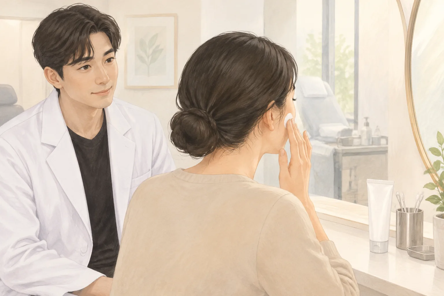 거울 앞에서 볼에 스킨케어 제품을 바르는 여자와 옆에 앉아 있는 남자