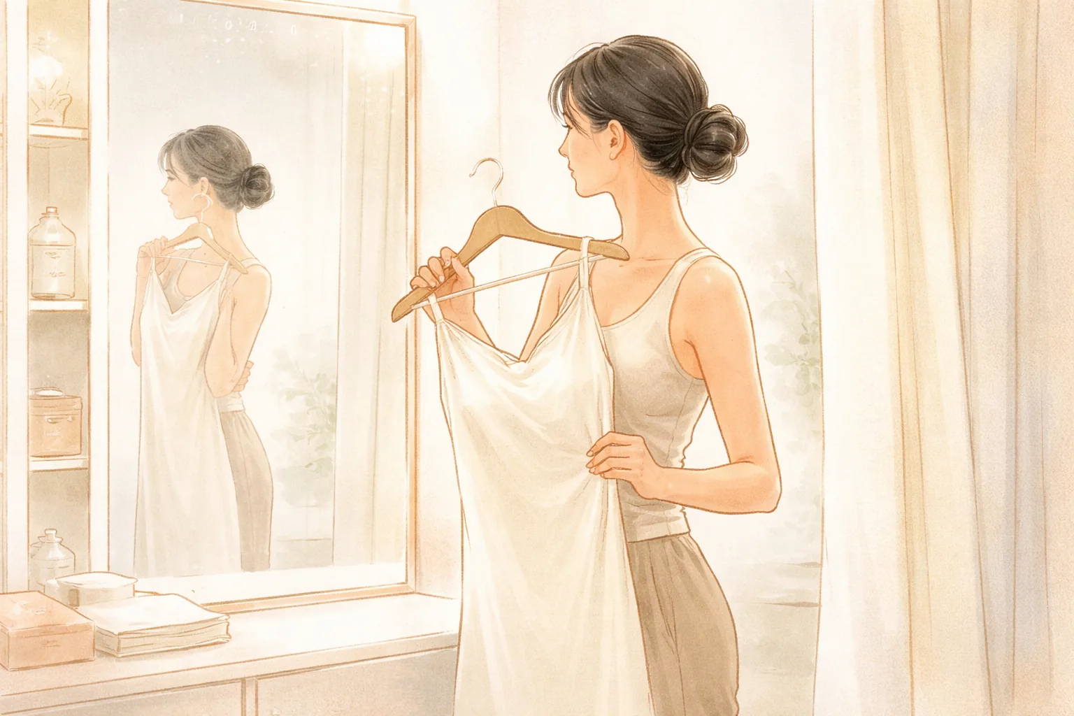 Mujer frente al espejo con camiseta y pantalones sosteniendo un vestido blanco