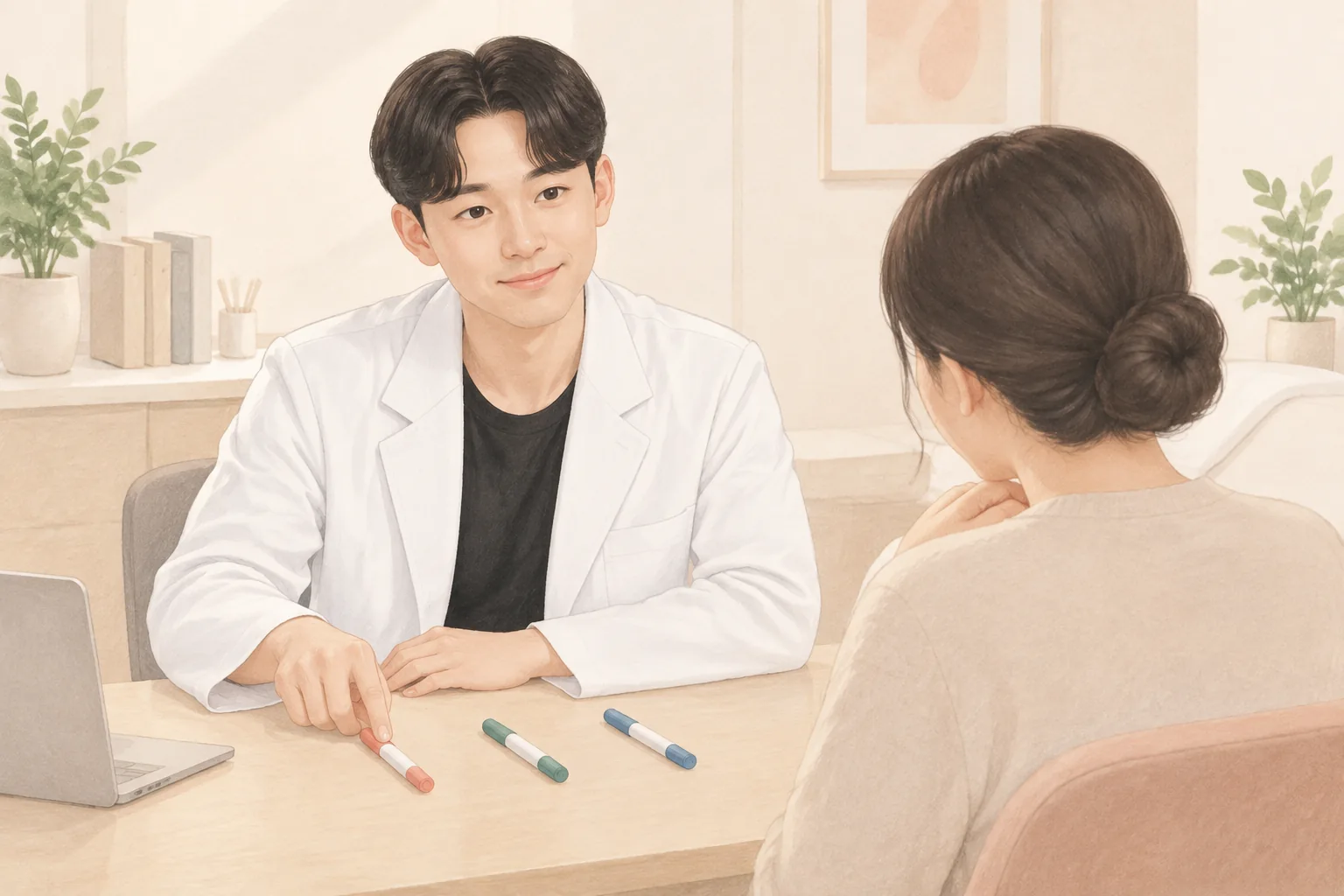 남성 의사가 책상에 앉아 여성 환자에게 색 표식을 보여주며 설명함