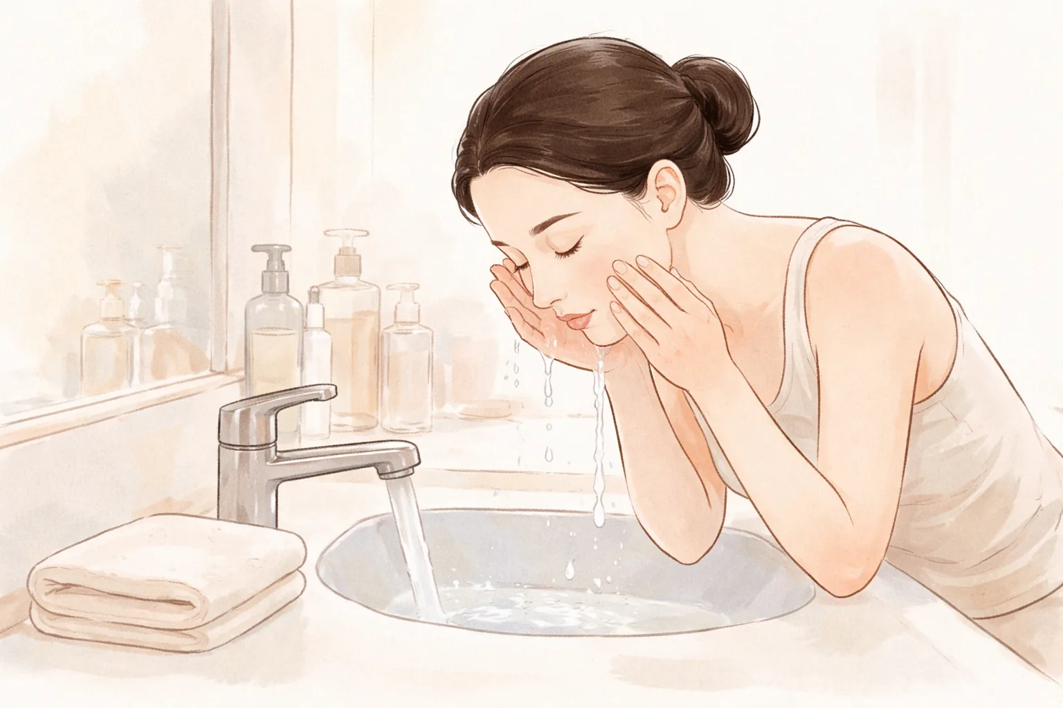 女子在洗手台以溫水輕柔洗臉