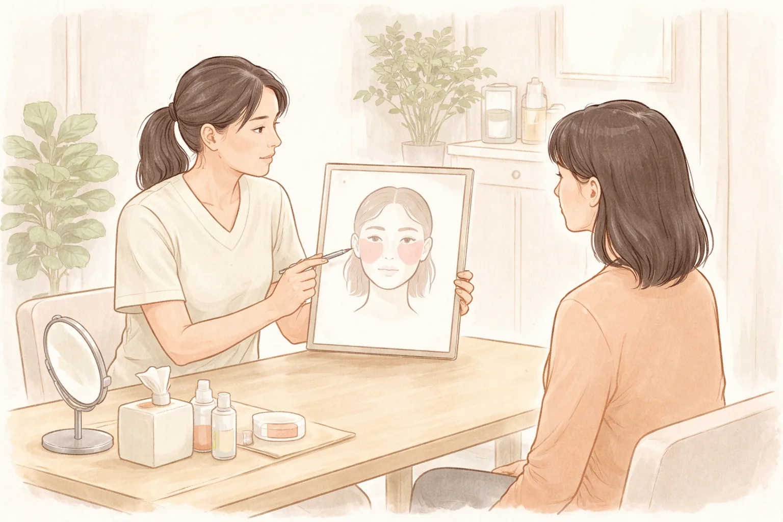 의료진이 여성에게 거울에 그려진 얼굴 도형을 가리키며 상담하는 모습