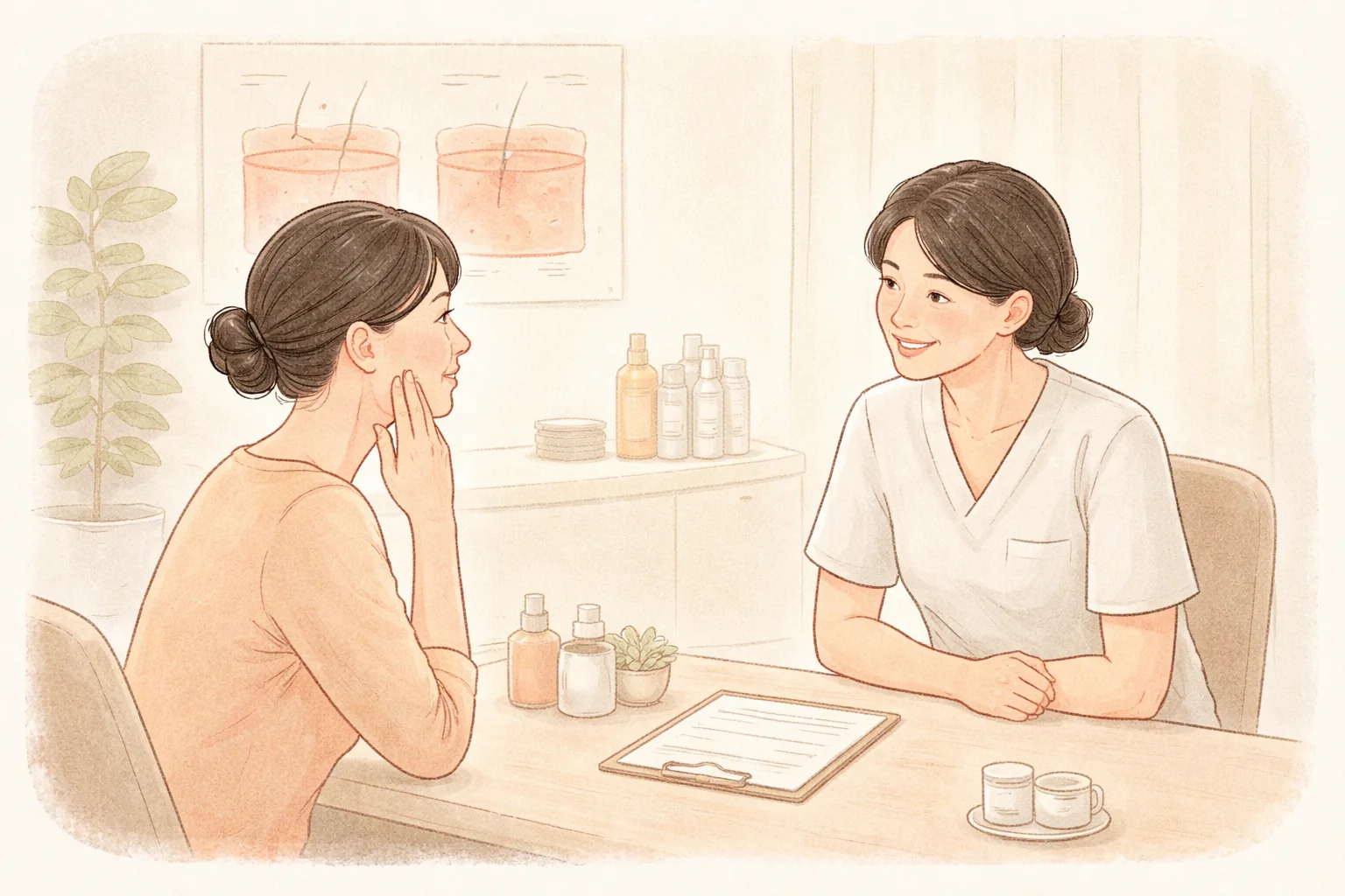상담실에서 볼에 손을 대고 앉아 있는 여성과 이를 듣는 의료진