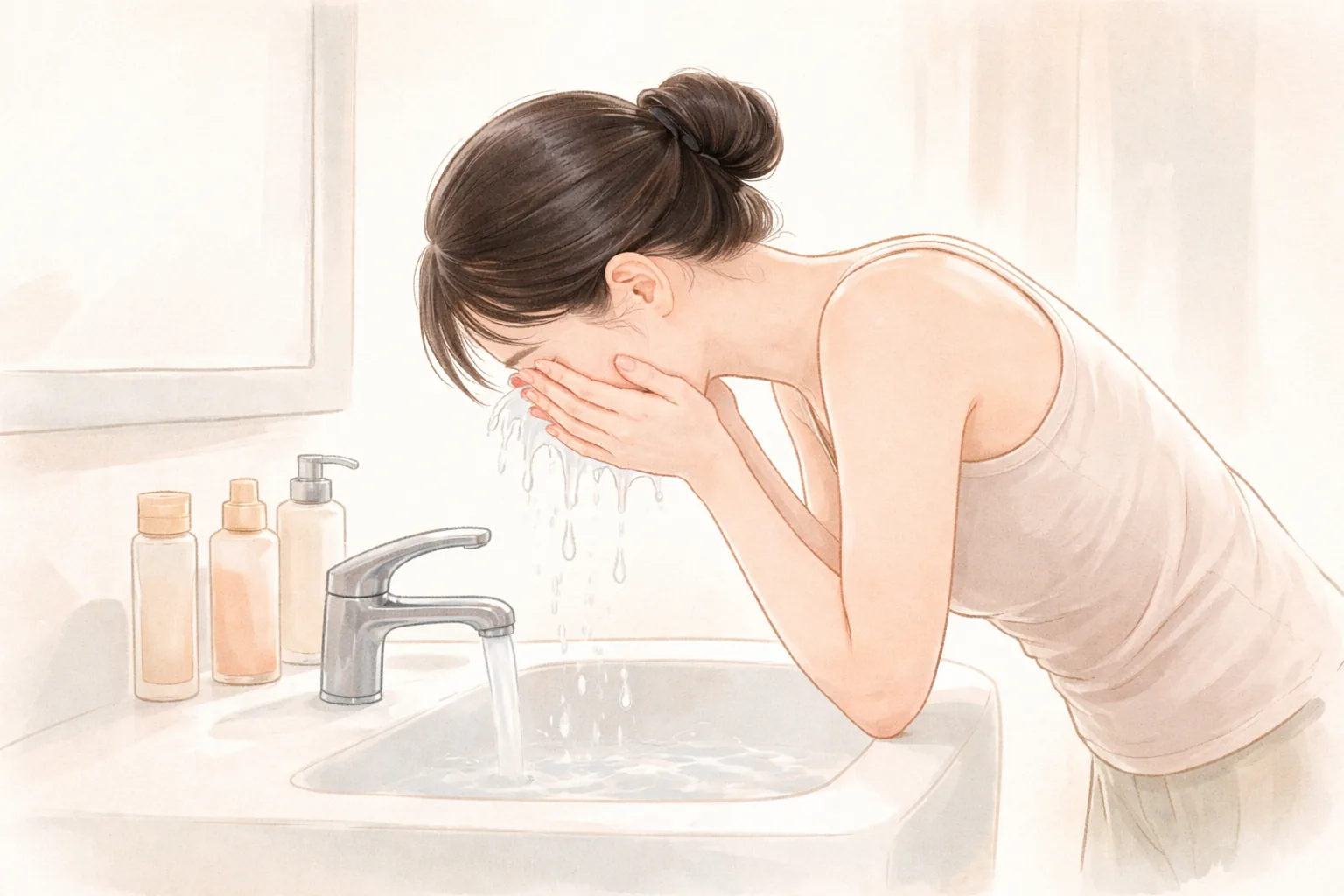 Woman rinsing her face with lukewarm water at a sink