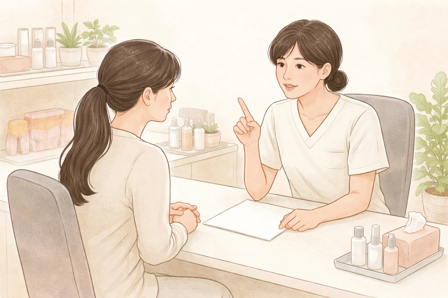 女性與兩位醫療人員隔桌對坐交談