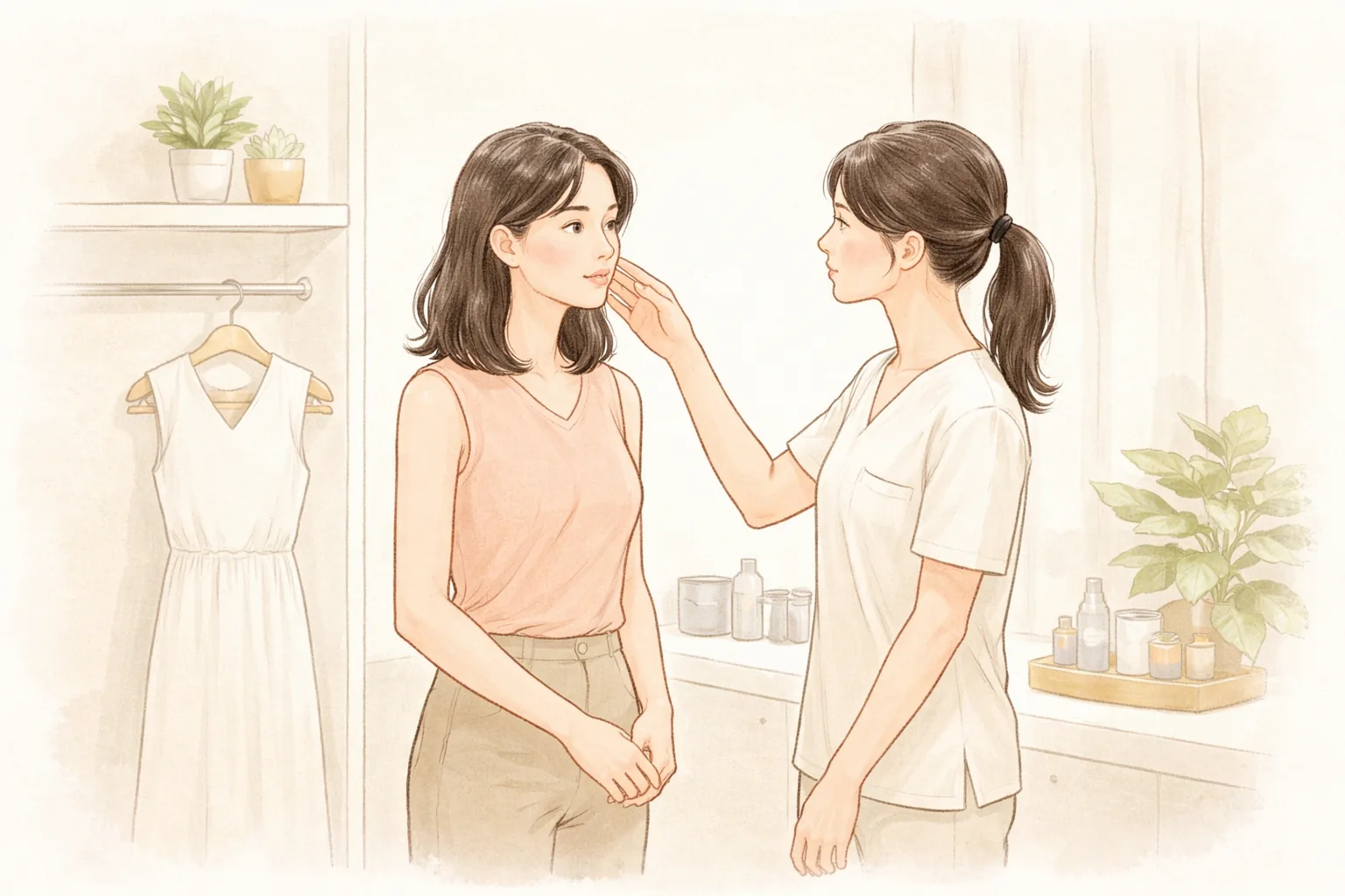女患者与医务人员在白色婚纱旁面对面交谈