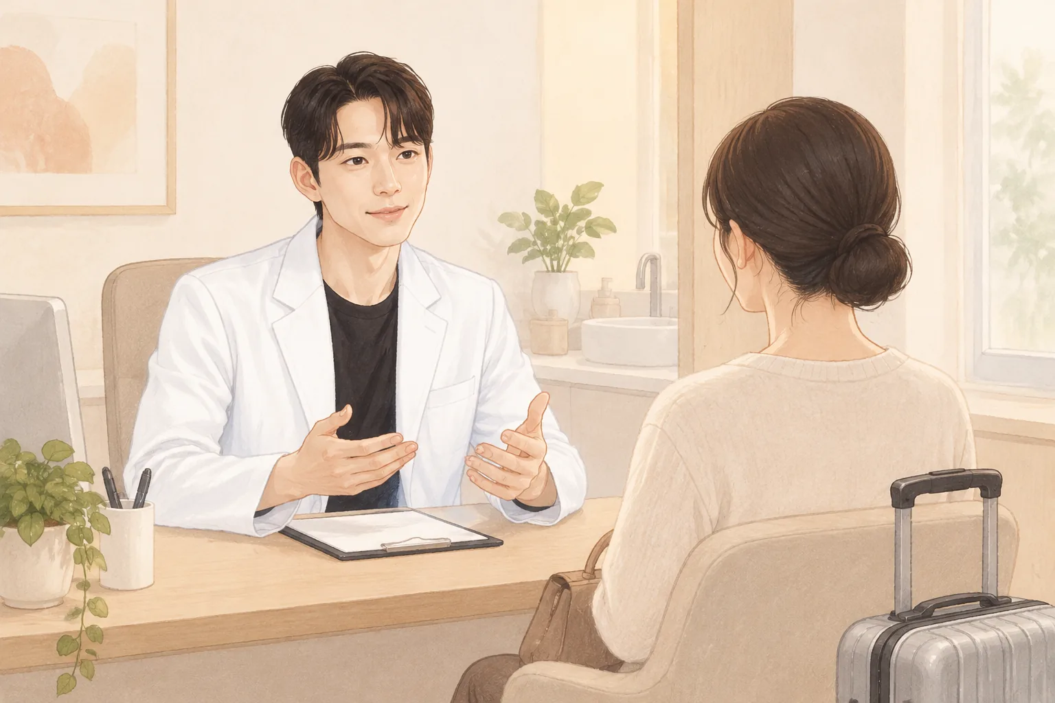 진료실에서 의사와 상담하는 환자 옆에 여행 가방 놓임