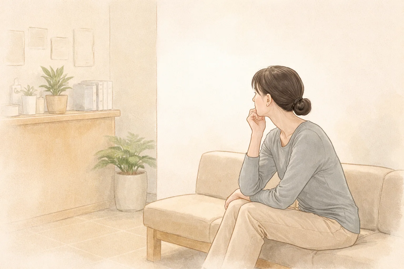 소파에 앉아 생각에 잠긴 여성과 대기 공간의 식물과 책