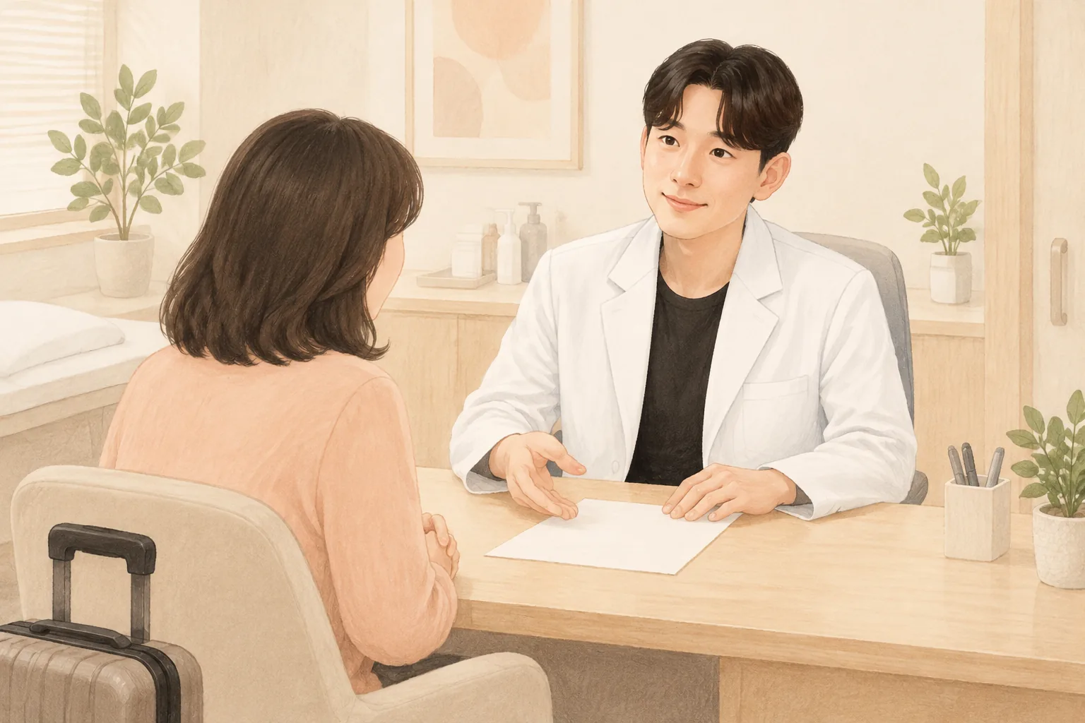 작은 캐리어 옆에 앉아 상담하는 의사와 환자 모습