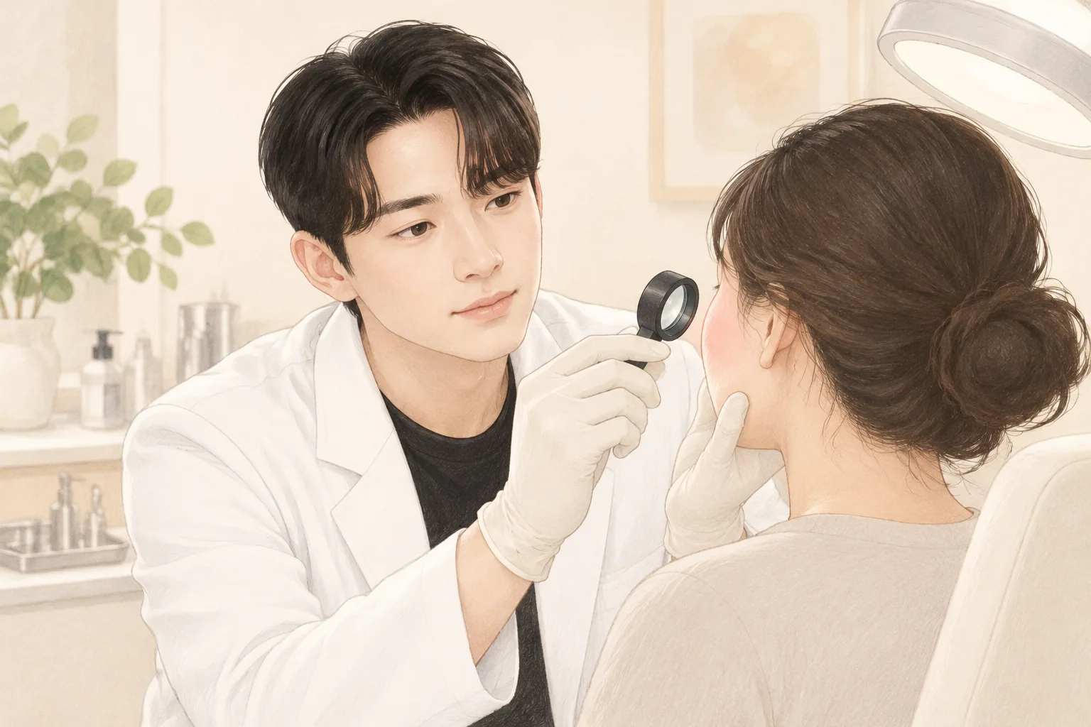 戴手套的男性用放大镜查看女性面部