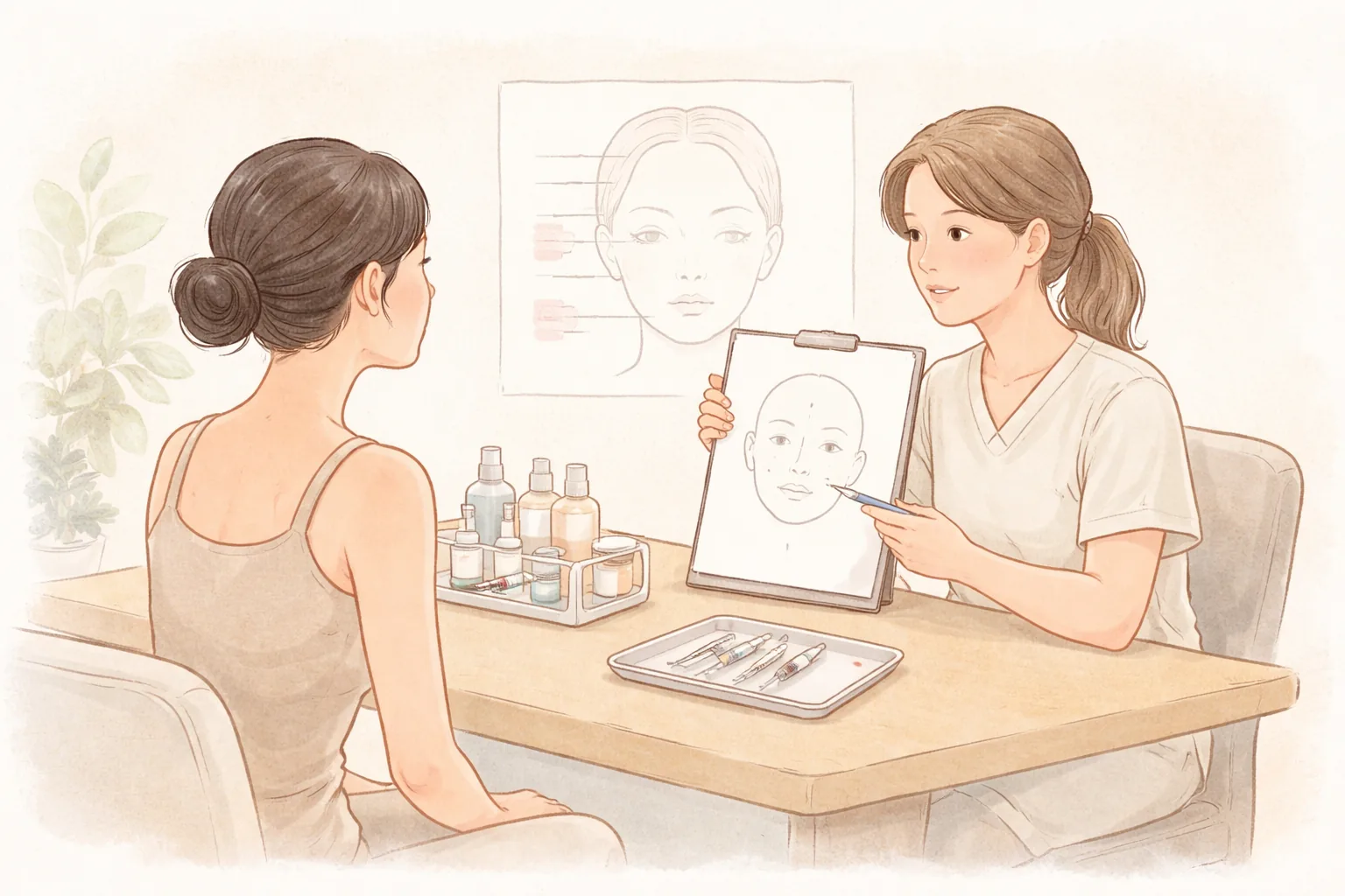 醫療人員指著臉部圖解與女性諮詢