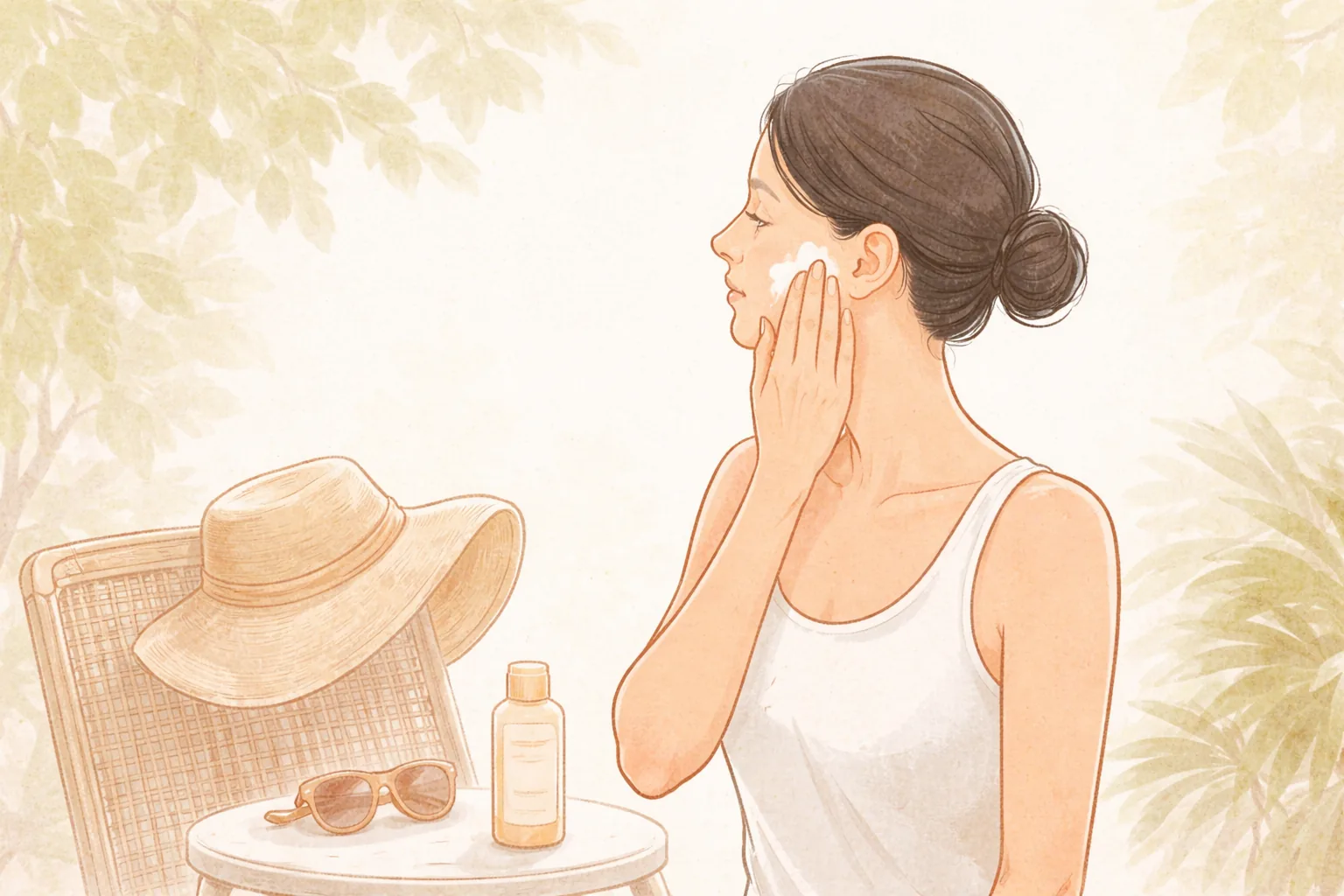Wanita mengoleskan kosmetik di wajah sambil duduk di tempat teduh dengan topi, kacamata, dan kosmetik di meja