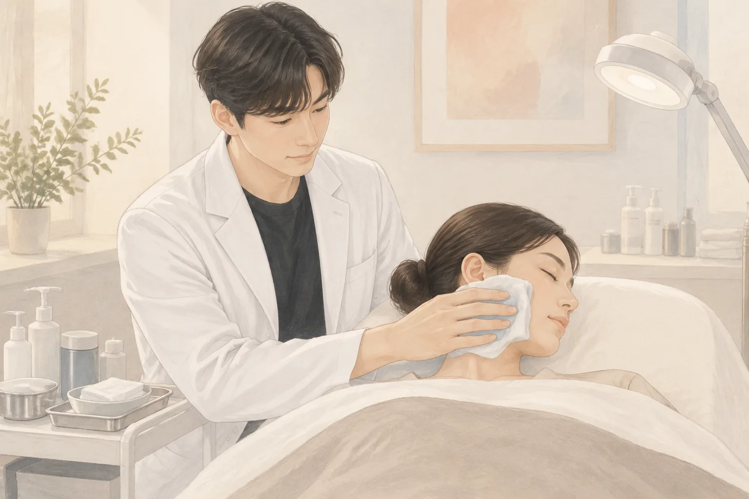 患者の顔に冷たいパックを当てる白衣のスタッフとベッドに横たわる女性